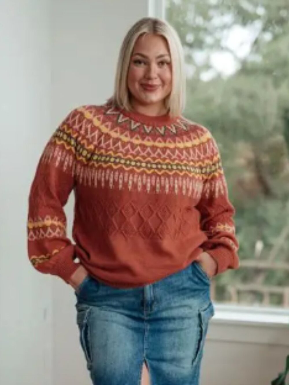 Savanna Jane Cozy Chalet Fair Isle Sweater – Large – Rust – Balloon Sleeves